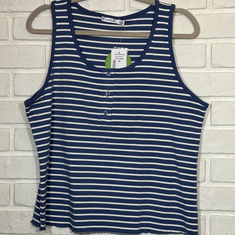 Button Henley Rib Tank Colour: Dazzling Blue Stripe Size: XL New With Tags
